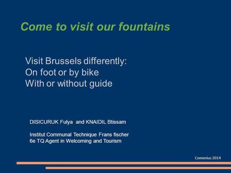 Come to visit our fountains Comenius 2014 Visit Brussels differently: On foot or by bike With or without guide DISICURUK Fulya and KNAIDIL Btissam Institut.