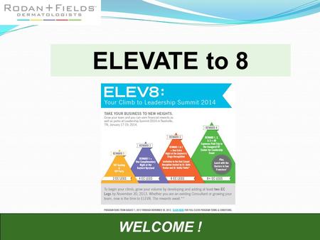 WELCOME ! ELEVATE to 8. Nothing works as quickly and powerfully as: 1.BE EXCITED! 2.Taking effective action. 3. Start talking to people and don’t worry.