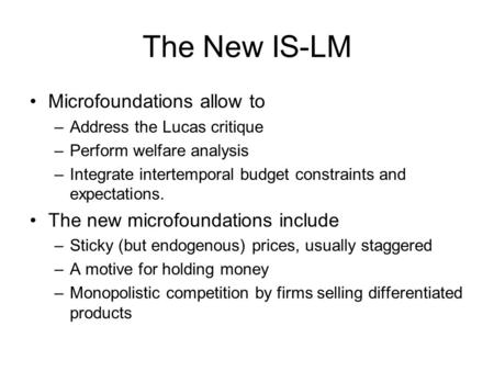 The New IS-LM Microfoundations allow to –Address the Lucas critique –Perform welfare analysis –Integrate intertemporal budget constraints and expectations.