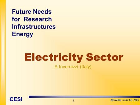 Bruxelles, June 1st, 2005 CESI 1 Electricity Sector A.Invernizzi (Italy) Future Needs for Research Infrastructures Energy.