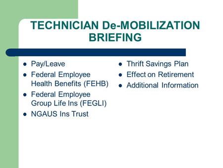 TECHNICIAN De-MOBILIZATION BRIEFING Pay/Leave Federal Employee Health Benefits (FEHB) Federal Employee Group Life Ins (FEGLI) NGAUS Ins Trust Thrift Savings.