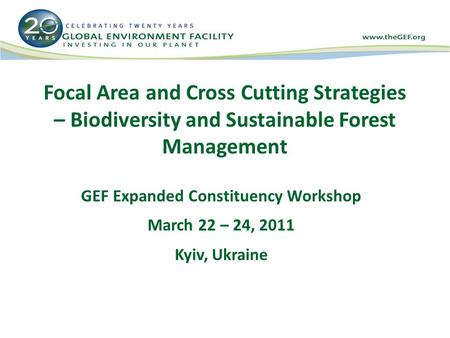 Focal Area and Cross Cutting Strategies – Biodiversity and Sustainable Forest Management GEF Expanded Constituency Workshop March 22 – 24, 2011 Kyiv, Ukraine.