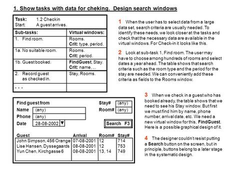 1. Show tasks with data for cheking. Design search windows Task:1.2 Checkin Start:A guest arrives. Sub-tasks:Virtual windows: 1.Find room.Rooms. Crit: