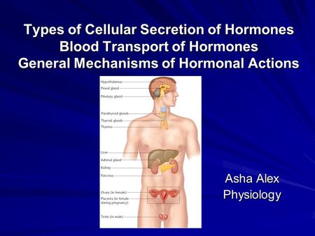 Types of Cellular Secretion of Hormones Blood Transport of Hormones General Mechanisms of Hormonal Actions Asha Alex Physiology.