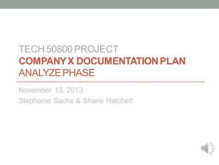 TECH 50800 PROJECT COMPANY X DOCUMENTATION PLAN ANALYZE PHASE November 13, 2013 Stephanie Sachs & Shane Hatchett.