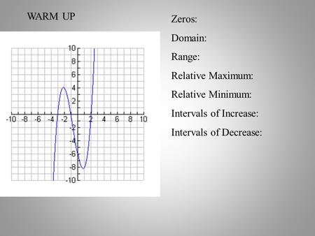 WARM UP Zeros: Domain: Range: Relative Maximum: Relative Minimum: