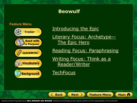 Beowulf Introducing the Epic Literary Focus: Archetype— The Epic Hero