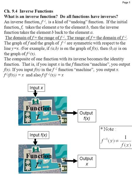 Function f Function f-1 Ch. 9.4 Inverse Functions