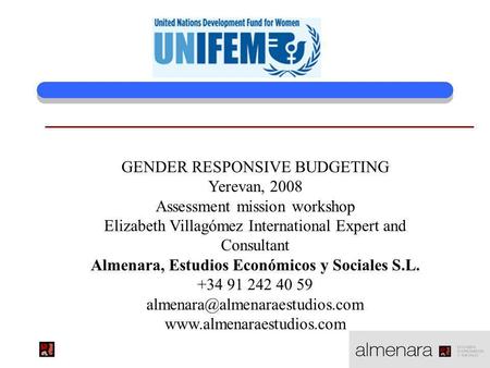 GENDER RESPONSIVE BUDGETING Yerevan, 2008 Assessment mission workshop Elizabeth Villagómez International Expert and Consultant Almenara, Estudios Económicos.
