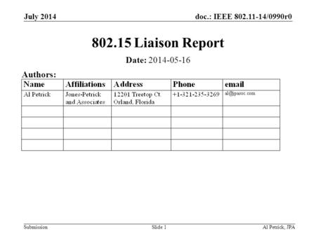 Doc.: IEEE 802.11-14/0990r0 Submission July 2014 Al Petrick, JPASlide 1 802.15 Liaison Report Date: 2014-05-16 Authors: