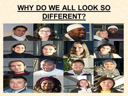 WHY DO WE ALL LOOK SO DIFFERENT?. THINKING ABOUT DIFFERENCES Find someone in the class that looks different to you! 1.Describe how you are similar in.