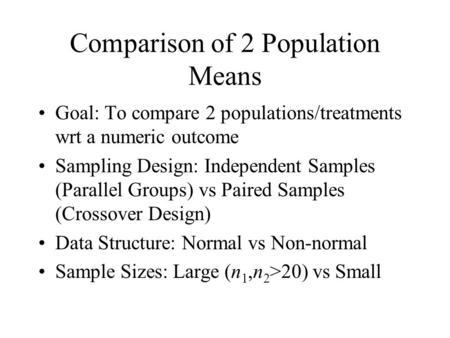 Comparison of 2 Population Means Goal: To compare 2 populations/treatments wrt a numeric outcome Sampling Design: Independent Samples (Parallel Groups)