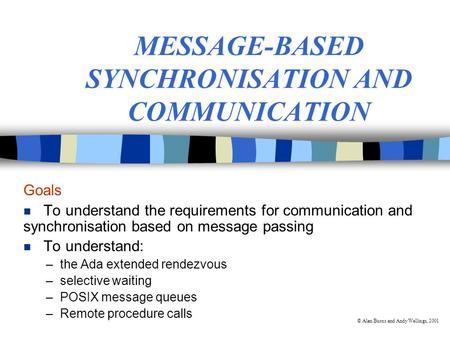© Alan Burns and Andy Wellings, 2001 MESSAGE-BASED SYNCHRONISATION AND COMMUNICATION Goals n To understand the requirements for communication and synchronisation.