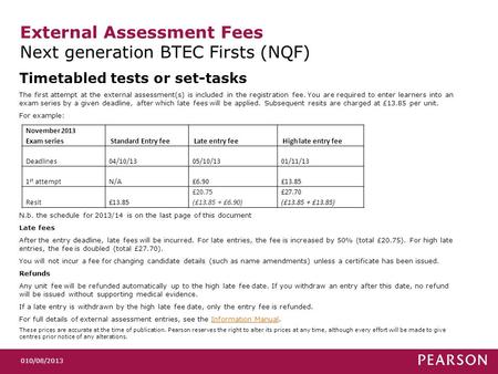 010/08/2013 External Assessment Fees Next generation BTEC Firsts (NQF) Timetabled tests or set-tasks The first attempt at the external assessment(s) is.