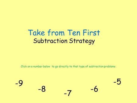 Take from Ten First Subtraction Strategy -9 Click on a number below to go directly to that type of subtraction problems -8-6 -7 -5.