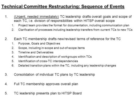 Technical Committee Restructuring: Sequence of Events 1.(Urgent, needed immediately) TC leadership drafts overall goals and scope of each TC, i.e. division.