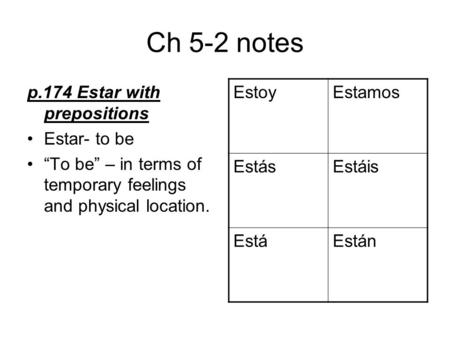 Ch 5-2 notes p.174 Estar with prepositions Estar- to be “To be” – in terms of temporary feelings and physical location. EstoyEstamos EstásEstáis EstáEstán.