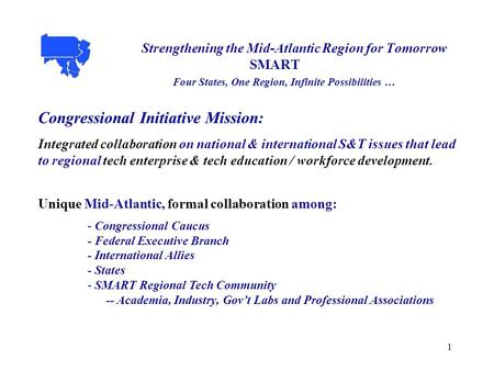 1 Strengthening the Mid-Atlantic Region for Tomorrow SMART Four States, One Region, Infinite Possibilities … Congressional Initiative Mission: Integrated.