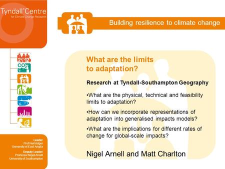 Building resilience to climate change Research at Tyndall-Southampton Geography What are the physical, technical and feasibility limits to adaptation?