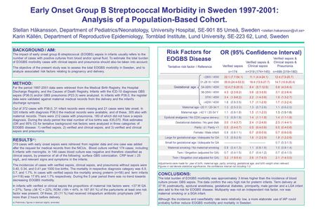 Early Onset Group B Streptococcal Morbidity in Sweden 1997-2001: Analysis of a Population-Based Cohort. Stellan Håkansson, Department of Pediatrics/Neonatology,