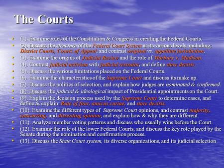 The Courts (1). Examine roles of the Constitution & Congress in creating the Federal Courts. (1). Examine roles of the Constitution & Congress in creating.