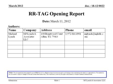 Doc.: 18-12/0022 Submission March 2012 MJ Lynch & Associates LLCSlide 1 RR-TAG Opening Report Notice: This document has been prepared to assist IEEE 802.18.