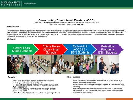 Overcoming Educational Barriers (OEB) DHHS HRSA Nursing Workforce Diversity Grant, #D19HP19031, 7/1/2010-6/30/2013 Terry Viau, PhD and Kendra Elam, BSN,