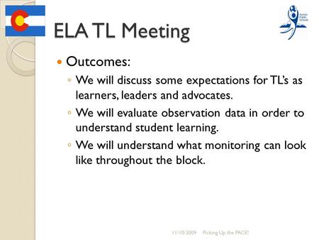 ELA TL Meeting Outcomes: ◦ We will discuss some expectations for TL’s as learners, leaders and advocates. ◦ We will evaluate observation data in order.