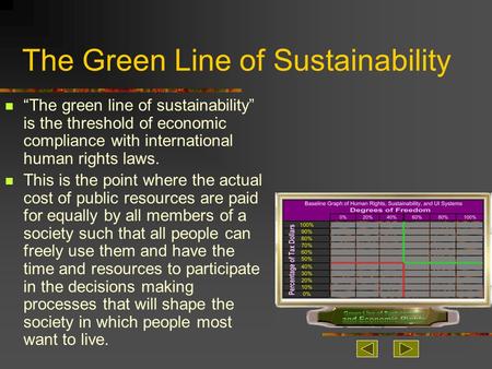 The Green Line of Sustainability “The green line of sustainability” is the threshold of economic compliance with international human rights laws. This.