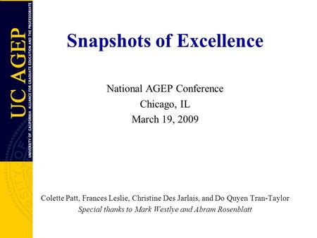 Snapshots of Excellence National AGEP Conference Chicago, IL March 19, 2009 Colette Patt, Frances Leslie, Christine Des Jarlais, and Do Quyen Tran-Taylor.