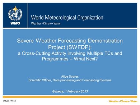 WMO Severe Weather Forecasting Demonstration Project (SWFDP): a Cross-Cutting Activity involving Multiple TCs and Programmes – What Next? Alice Soares.