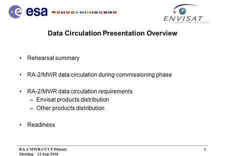 RA-2/MWR CCVT Plenary Meeting 12/Sep/2001 1 Data Circulation Presentation Overview Rehearsal summary RA-2/MWR data circulation during commissioning phase.
