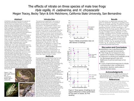 The effects of nitrate on three species of male tree frogs Hyla regilla, H. cadaverina, and H. chrysoscelis Megan Tracey, Becky Talyn & Erik Melchiorre,