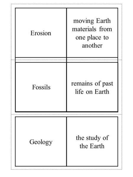 Erosion moving Earth materials from one place to another Geology the study of the Earth remains of past life on Earth Fossils.