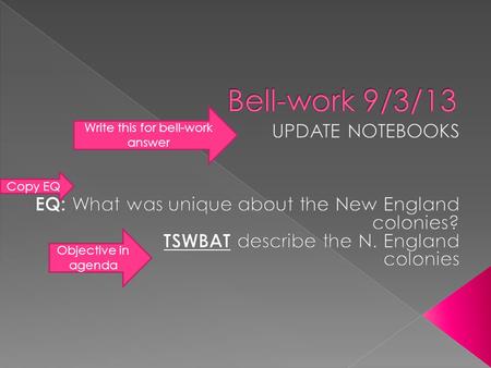 Write this for bell-work answer Copy EQ Objective in agenda.