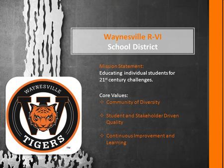 Waynesville R-VI School District Mission Statement: Educating individual students for 21 st century challenges. Core Values:  Community of Diversity 