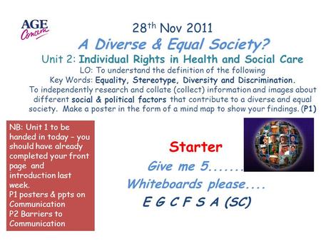 28 th Nov 2011 A Diverse & Equal Society? Unit 2: Individual Rights in Health and Social Care LO: To understand the definition of the following Key Words: