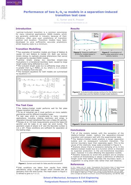School of Mechanical, Aerospace & Civil Engineering Postgraduate Research Conference, PGR-MACE10 Performance of two k T -k L -ω models in a separation-induced.