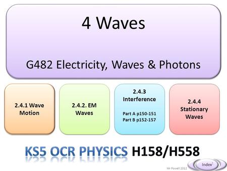 4 Waves G482 Electricity, Waves & Photons 4 Waves G482 Electricity, Waves & Photons 2.4.1 Wave Motion 2.4.1 Wave Motion Mr Powell 2012 Index 2.4.2. EM.