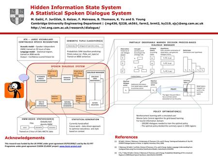 Hidden Information State System A Statistical Spoken Dialogue System M. Gašić, F. Jurčíček, S. Keizer, F. Mairesse, B. Thomson, K. Yu and S. Young Cambridge.