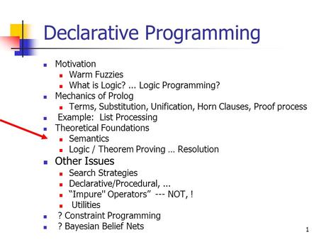 1 Declarative Programming Motivation Warm Fuzzies What is Logic?... Logic Programming? Mechanics of Prolog Terms, Substitution, Unification, Horn Clauses,