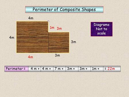 4m 3m Diagrams Not to scale Perimeter of Composite Shapes ? ? ? Perimeter = 4 m + 7 m +3m + 1m += 22m 4m 3m 1m.