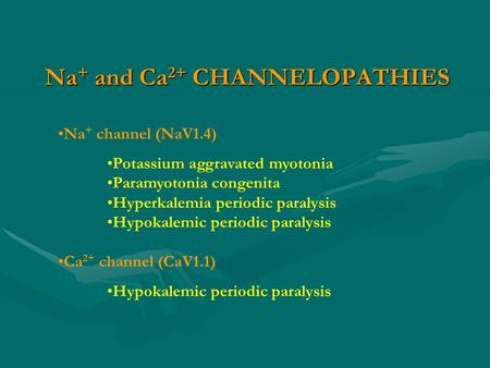 Na + and Ca 2+ CHANNELOPATHIES Na + channel (NaV1.4) Potassium aggravated myotonia Paramyotonia congenita Hyperkalemia periodic paralysis Hypokalemic periodic.