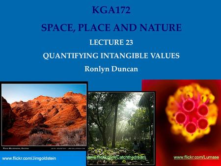 KGA172 SPACE, PLACE AND NATURE LECTURE 23 QUANTIFYING INTANGIBLE VALUES Ronlyn Duncan www.flickr.com/Lumasewww.flickr.com/Catchthedream www.flickr.com/Jimgoldstein.