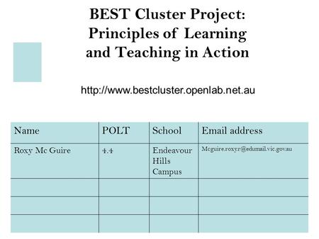 BEST Cluster Project: Principles of Learning and Teaching in Action  NamePOLTSchool address Roxy Mc Guire4.4Endeavour.