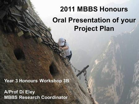 2011 MBBS Honours Oral Presentation of your Project Plan Year 3 Honours Workshop 3B A/Prof Di Eley MBBS Research Coordinator.