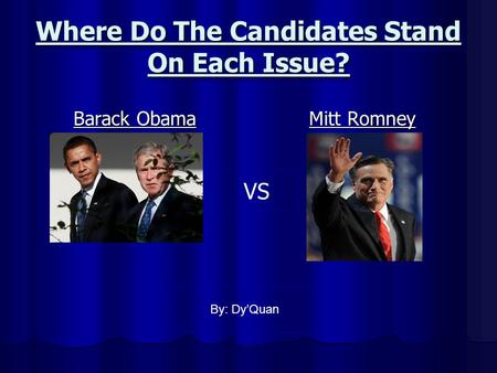 Where Do The Candidates Stand On Each Issue? Barack Obama Mitt Romney VS By: Dy’Quan.