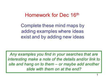1 Homework for Dec 16 th Complete these mind maps by adding examples where ideas exist and by adding new ideas Any examples you find in your searches that.