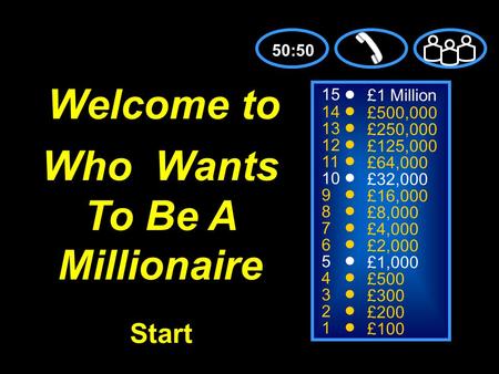 15 14 13 12 11 10 9 8 7 6 5 4 3 2 1 £1 Million £500,000 £250,000 £125,000 £64,000 £32,000 £16,000 £8,000 £4,000 £2,000 £1,000 £500 £300 £200 £100 Welcome.
