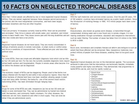 10 FACTS ON NEGLECTED TROPICAL DISEASES Fact 1 More than 1 billion people are affected by one or more neglected tropical diseases (NTDs). They are named.